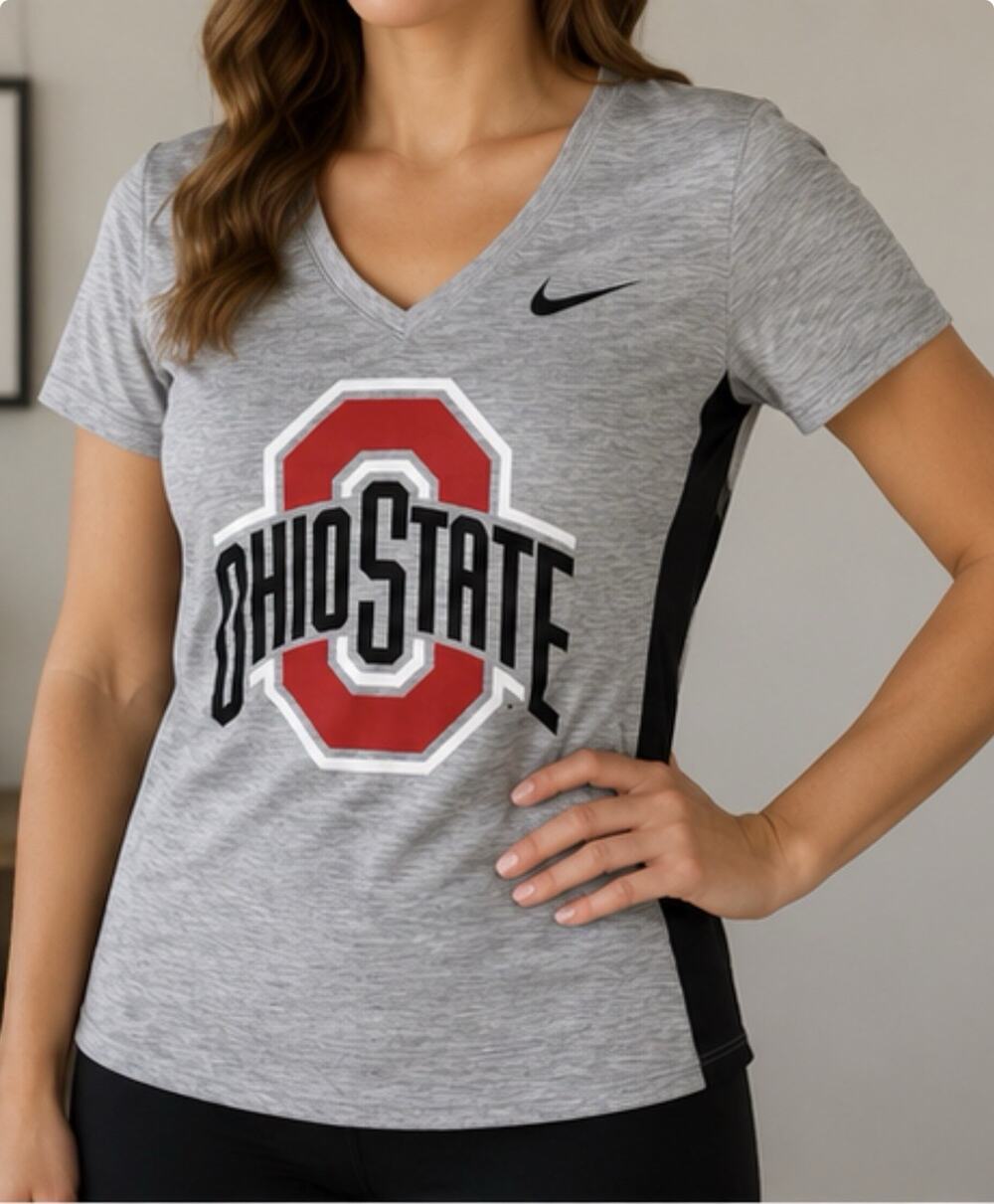 Nike Ohio State Buckeyes Womens M Dri-FIT V Neck Shirt Gray Red NCAA
